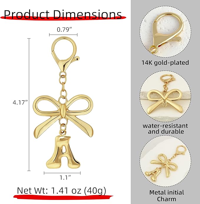 Gold Bubble Heart, Cherry, Bow & More Designs Letter Initial Keychain Bag Charms – Cute Purse Charms for Handbags
