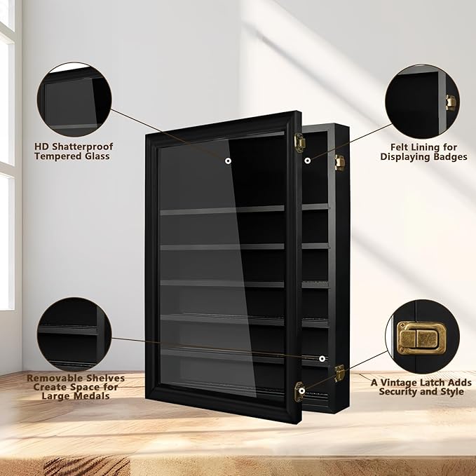 7 Rows Military Challenge Coin Holder Wall Display Case with HD Tempered Glass – Holds 100 Coins, Medal Display Cabinet Rack Shadow Box with Removable 2-Groove Shelves for Casino Poker Chips, Black