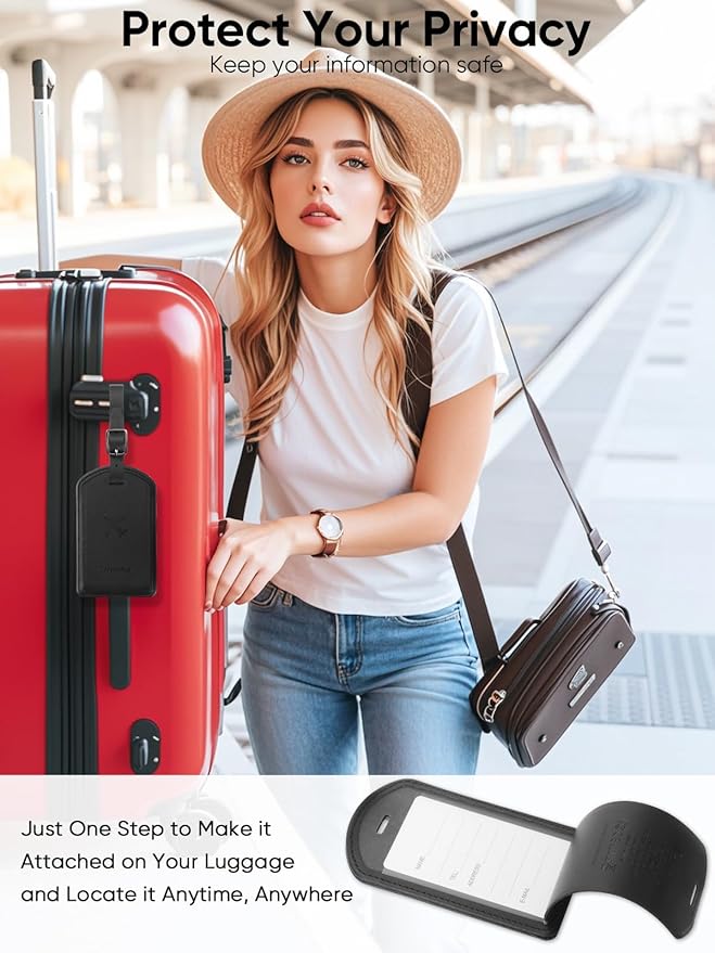 Luggage Tags Built-in Anti-Loss Tracker, Luxury Leather Luggage Tags for Suitcase, Travel Bags, Backpacks, Travel Organizer for Lost Baggage Prevention (Black*3 Pack)