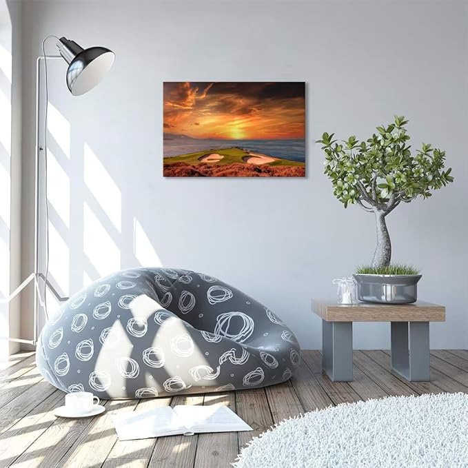 Pebble Beach Golf Course Hole 7 Wall Art for Living Room Bedroom Bathroom Home Decorations Monterey California USA Golf Course Picture Poster Framed Artwork Canvas Prints Ready to Hang(12''H x 16''W)