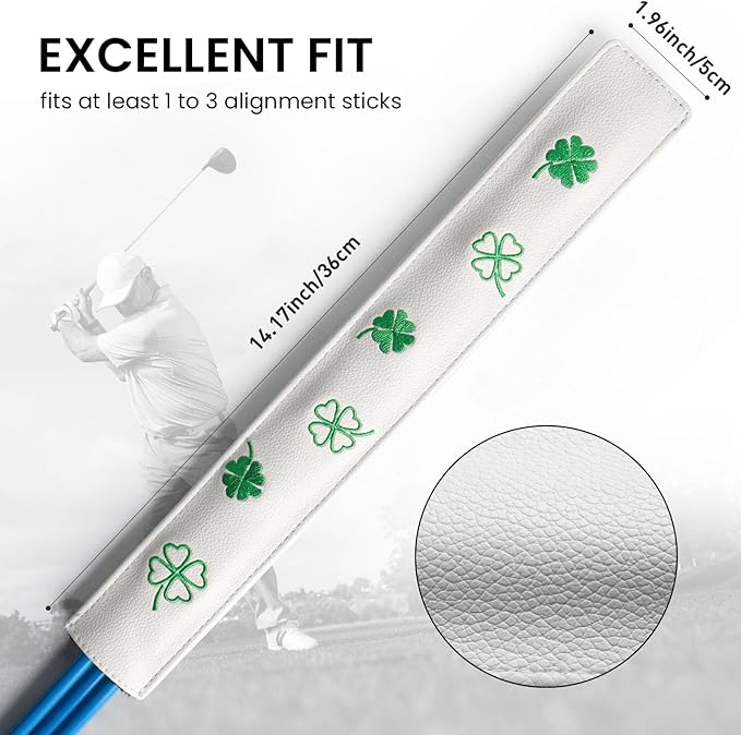 FINGER TEN Golf Alignment Stick Cover Headcover Rods Holder Case Leather 14''× 2'' in USA Black White Green Hold at Least 2 Sticks
