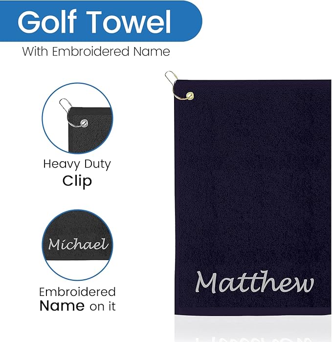 Personalized Passion Golf Towel with Embroidered Name - 16"x26" Custom Golf Towels with Clip - Soft & Highly Absorbent Plush Velour - Easily Wipes Away Sweat and Dirt - Gift for Golfers - Navy