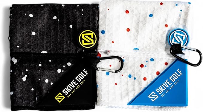 Premium Magnetic Golf Towel | Super Strong Magnet | Absorbent Microfiber Waffle Design | Built-in Silicone Brush | Golf Towels for Golf Bags (Red & Blue Drip)