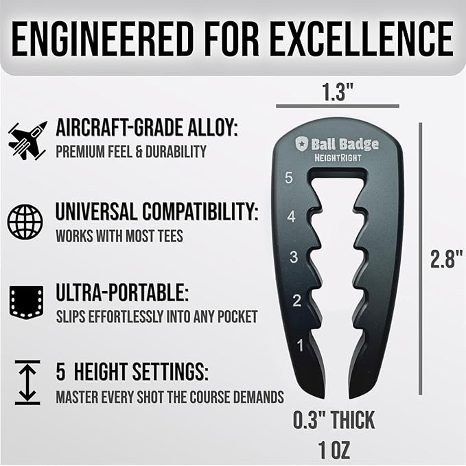 Ball Badge HeightRight Adjustable Golf Tee Height Tool – Precision Tee Height Setter for Consistent Swings, Durable Aluminum Design, Easy-to-Use Golf Training Aid