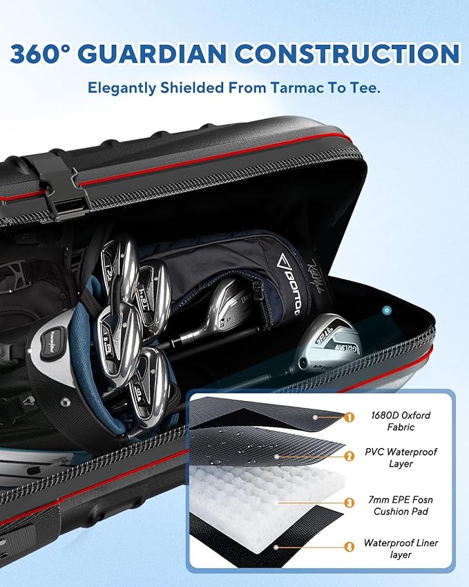 M KARMATER Golf Travel Bags for Airlines with Wheels - Foldable Hard Case with ABS Top and 1680D Heavy Duty Oxford, Full Padding Protection, 3 Storage Compartments for Golf Clubs and Accessories