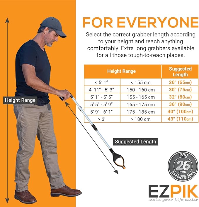 EZPIK® Grip Aid Tool Grabber Reacher + Magnets - Grabbers for Seniors, Trash Picker Upper Grabber - Trash Grabber Tool- Reacher Grabber Pickup Tool (Silver, 26" (Pack of 1))