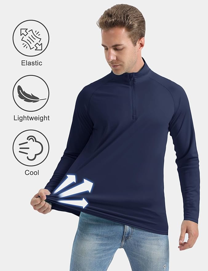 CRYSULLY Men's Long Sleeve 1/4 Zip Shirts Sun Protection Pullover UPF 50+ Rash Guard Running Lightweight T Shirt
