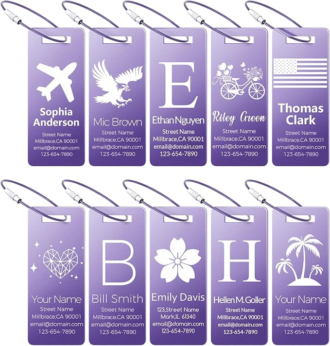 10 Personalized Metal Luggage Tags, Custom Suitcase Aluminum Name Tags with Steel Ring, Laser Engraved Name and Logo, for Travel, Backpack, Baggage, Golf Bag (Purple)
