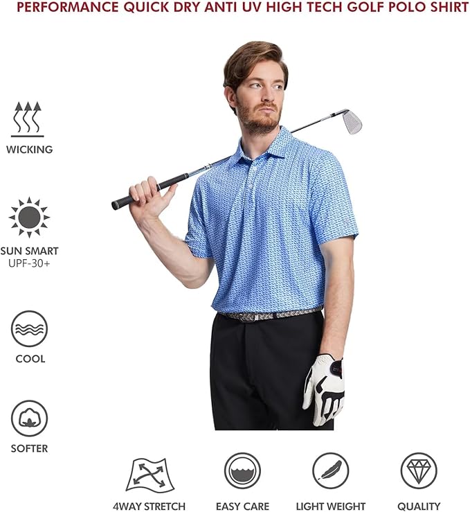 Golf Shirts for Men Dry Fit Short Sleeve Print Performance Moisture Wicking Polo Shirt