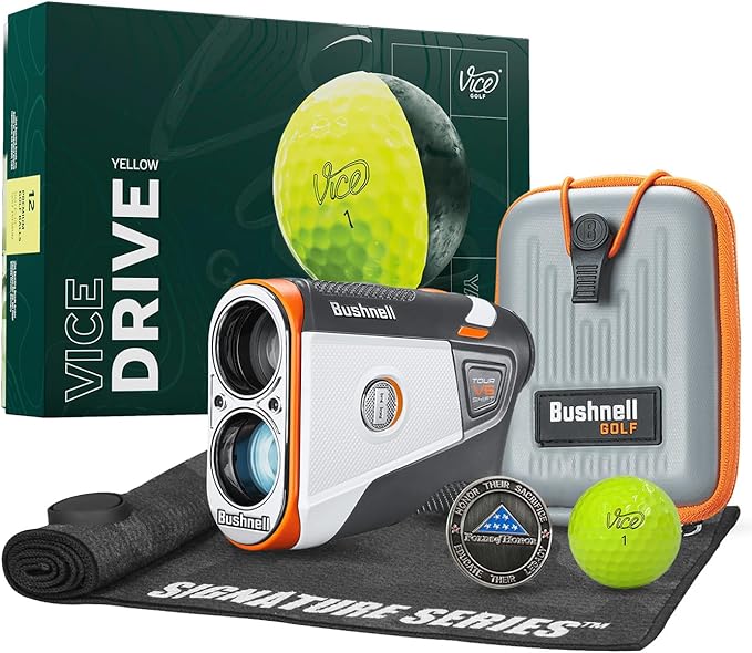 Bushnell Golf Tour V6 Shift Laser Rangefinder with Vice Balls | Slope Compensation, PinSeeker, Magnetic Mount, 1300 YD Range, 6X Magnification | Signature Series Golf Towel