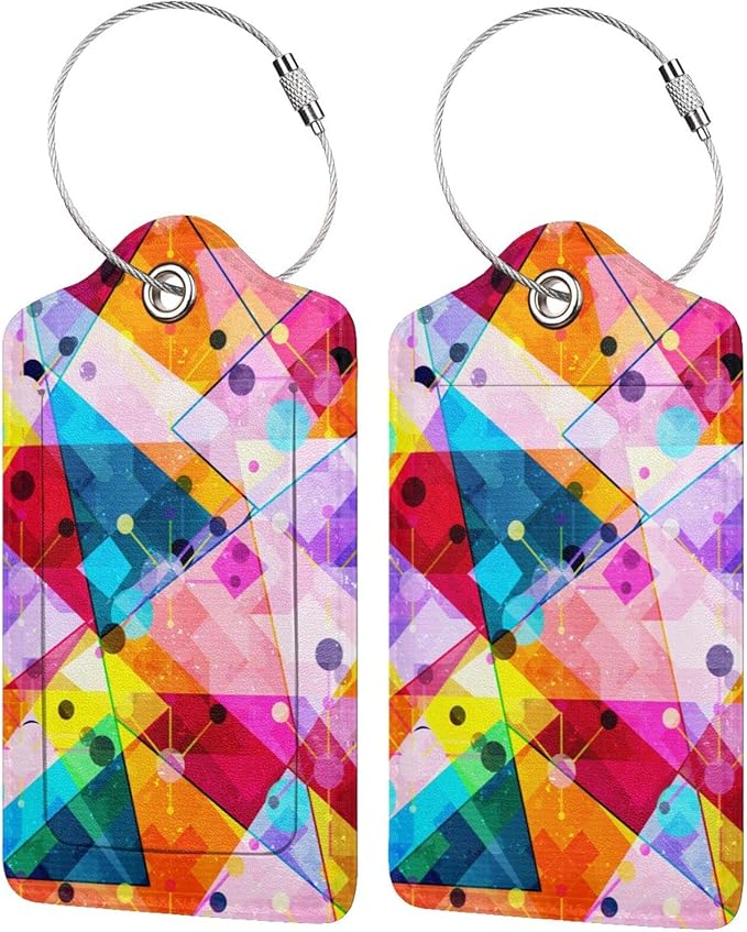 2-Pack PU Leather Luggage Tag with Colorful Geometric Pattern, Rainbow Airport Suitcase Baggage Label Tags, Business ID Card Holders Gifts for Women Men Girls Boys Kids Crew