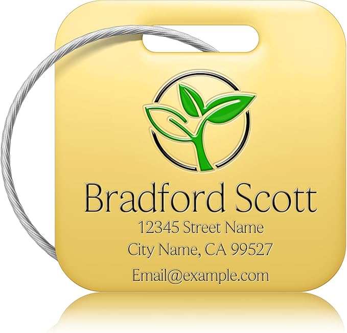 Personalized Luggage Tags - Custom Metal Luggage Tags for Suitcases, Backpacks and Bags with Your Personalized Club Logo Text (Square-Gold)