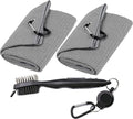 Golf Towels, Microfiber Waffle Pattern Tri-fold Golf Towel - Brush Tool Kit with Club Groove Cleaner, with Clip Men Women Golf Gifts (2 Grey Towel+Black Brush)