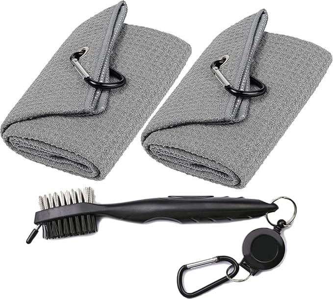 Golf Towels, Microfiber Waffle Pattern Tri-fold Golf Towel - Brush Tool Kit with Club Groove Cleaner, with Clip Men Women Golf Gifts (2 Grey Towel+Black Brush)