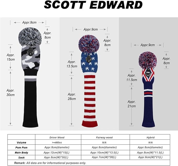 Scott Edward Knit Golf Head Covers for Woods Set of 3 Fits Well Driver(460cc) Fairway Wood and Hybrid(UT) The Perfect Change for Golf Bag