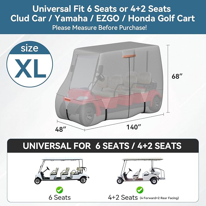 Tuszom 100% Waterproof 1200D Solution-Dyed Golf Cart Cover Universal Fit Yamaha,Honda,Club Car,EZGO and Most Brand Golf Cart for 2/2+2/4/4+2/6 Seats with Zipper Door,Storage Bag