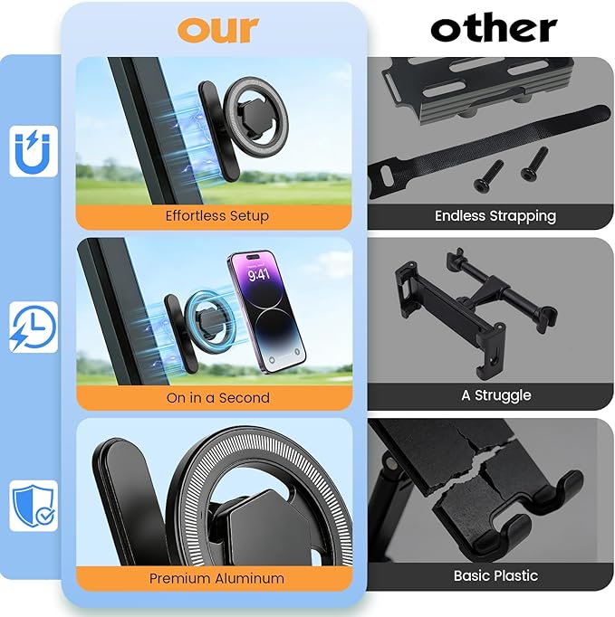 Magnetic Golf Cart Phone Holder (Premium Aluminum Alloy), 360° Rotation Golf Accessories, Compatible with iPhone & Android, Fits EZGO, Club Car, Yamaha, for Golfers, Men & Women