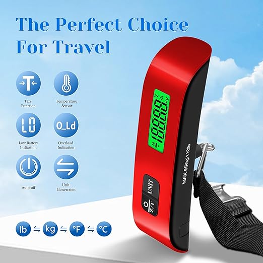 Luggage Scale, 110lb Luggage Weight Scale with 4 Unit Switching Functions&LED Display, Luggage Scale Travel Digital for Weighing Luggage, Backpacks, Packages and Markets(Red)
