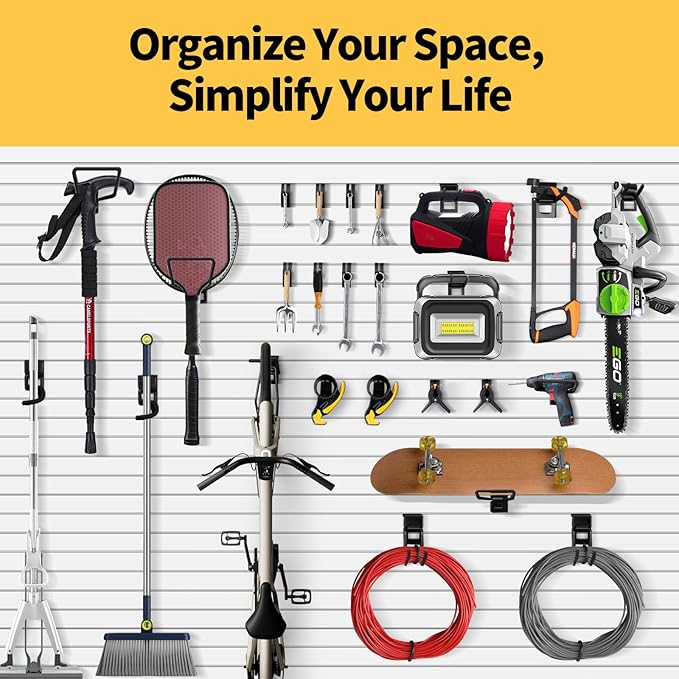 Slatwall Hooks 25 Pack, Heavy-Duty Metal Garage Slat Wall Hook Kit (10 Types), Rust-Resistant Storage Hooks for Tools, Ladders, Bikes & Garden Equipment, Fits Standard Slatwall Panels