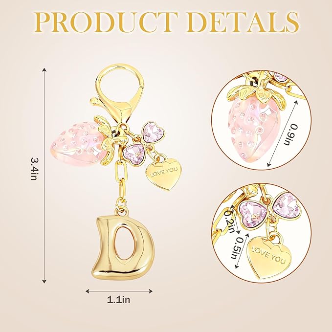 Snycler Bubble Initial Keychain with Strawberry & Bow- Gold Letter Bag Charms for Women, Cute Purse Handbag Accessories