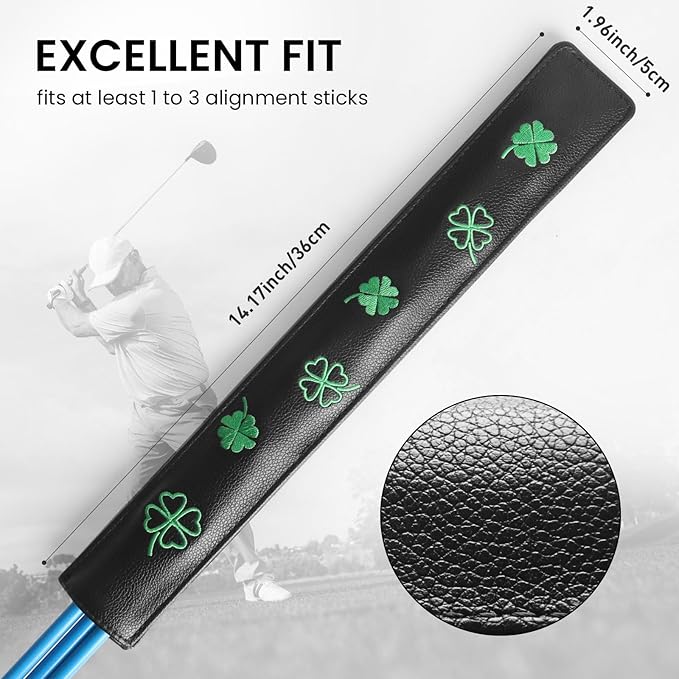 FINGER TEN Golf Alignment Stick Cover Headcover Rods Holder Case Leather 14''× 2'' in USA Black White Green Hold at Least 2 Sticks