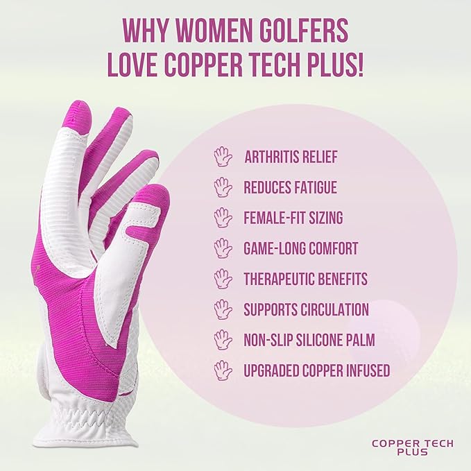 Women’s Golf Glove – White/Fuchsia – Copper Infused Compression for Arthritis Relief, Non-Slip Silicone Grip – USGA Approved, 1 Pack