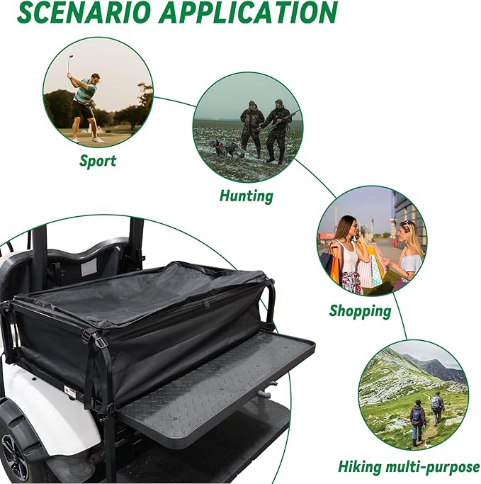 Golf Cart Storage Organizer, Sturdy Golf Cart Trunk Organizer, Collapsible for Yamaha,Club Car, EZGO Golf Cart, Pickup Truck Bed, Van, Adjustable Securing Straps, Foldable Cover Black