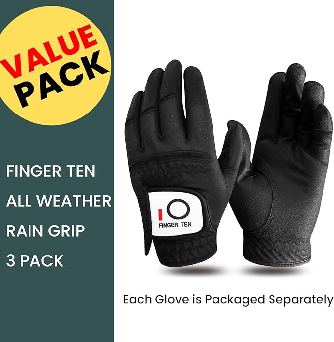 FINGER TEN All Weather Grip Golf Gloves Men Value 3 Pack for Right Handed Golfer, Hot Wet Rain Grip & Comfort Soft Glove for Premium Performance, Colors White Black Blue Sizes S M L XL