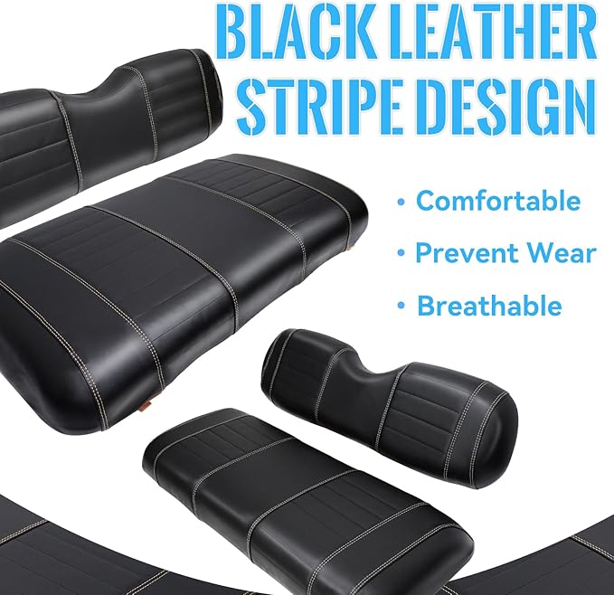 Golf Cart Seat Covers fits Club Car Precedent/DS/EZGO RXV/TXT/Yamaha Front Rear Seat Cushion，Black Leather Custom Stripe Soft Comfortable/Anti-Scratch/Easy to Clean