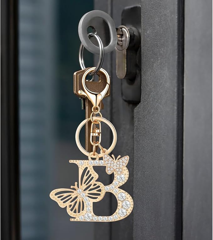 Gold Plated Alphabet Initial Letter Keyring Keychain for Women Girls Crystal Key Chains for Wallet Backpack Bag Charm