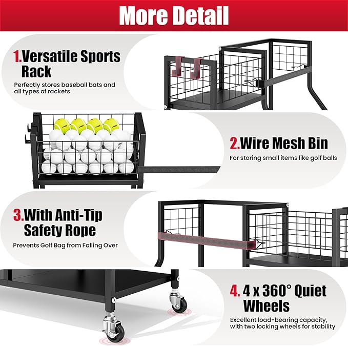 TOOLF Golf Bag Organizer, Golf Club Storage with Wheels, Sturdy Metal Golf Bag Holder Stand for Home, Garage, Outdoor, Includes 4 Storage Sections & Removable Hooks