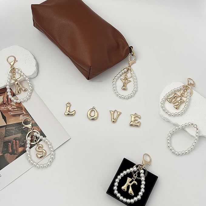 Gold Bubble Heart, Cherry, Bow & More Designs Letter Initial Keychain Bag Charms – Cute Purse Charms for Handbags
