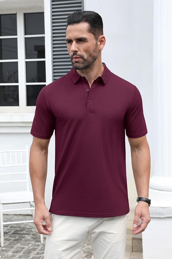 MAGCOMSEN Men's Polo Shirts Short Sleeve Cotton Pique 3 Button Classic Fit Casual T-Shirt Performance Golf Shirts