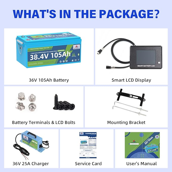O'CELL 36V 105Ah LiFePO4 Golf Cart Battery+Mounting Bracket, 10+ Year Lifespan, 38.4V 4032Wh Lithium with 200A BMS, 4.9'' LCD/Bluetooth, 36V 25A Charger IP67 - Fit Club Car, EZ GO, Yamaha, Lawn Mower