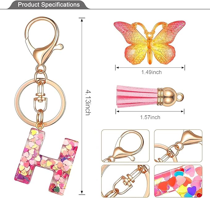JINGUAZI Initial letter Keychains for Women Tassel Butterfly Pink Purple Cute Car Keychain for Wallet Backpack bag charm