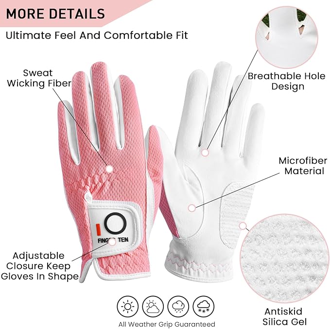 FINGER TEN Womens Golf Glove Right Handed Golfer Left Hand Rain Grip Hot Wet All Weather Value 2 Pack, Golf Gloves Breathable Flexible for Ladies Women