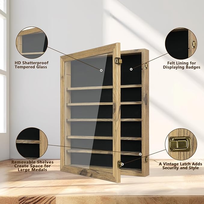 7 Rows Military Challenge Coin Holder Display Case with HD Tempered Glass - Holds 100 Coins, Medal Display Cabinet, Shadow Box for Casino Poker Chips, Removable 2-Groove Shelves, Rustic Wood