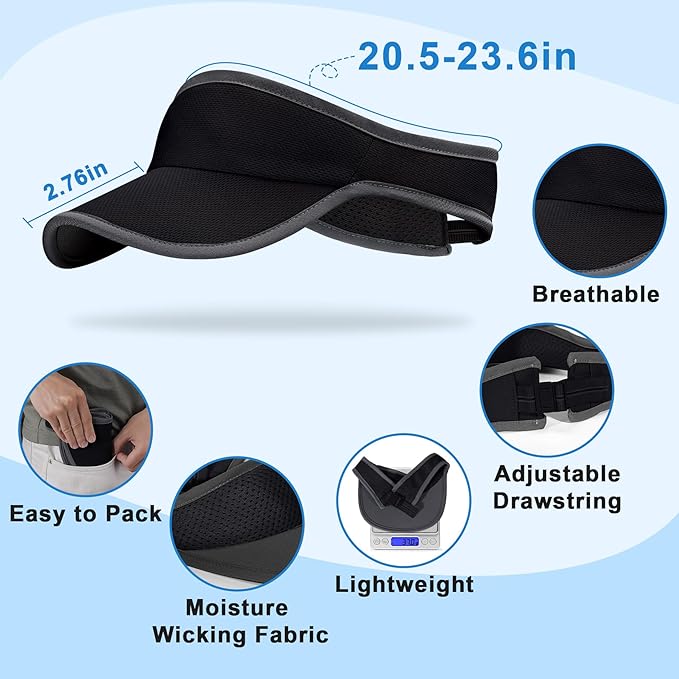 Sports Sun Visor for Men Women, Lightweight Soft Quick-Dry Visor Hat, Packable Tennis Golf Running Visor