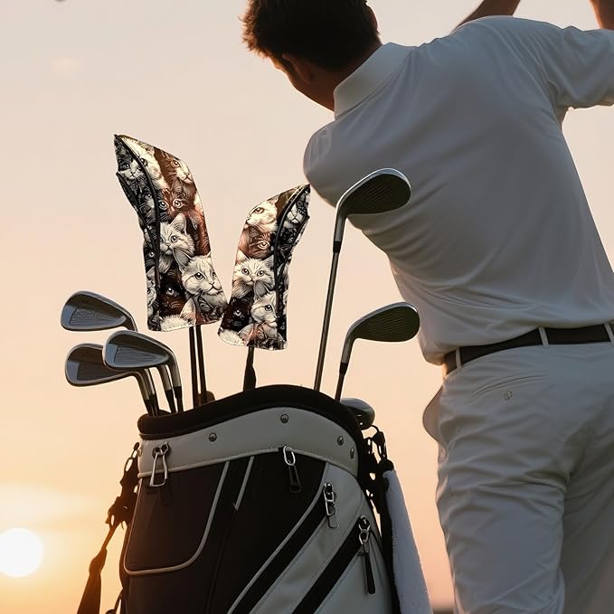 Golf Club Covers Cats Black Driver Headcover, Leather Golf Club Head Covers for Driver Fairway Woods Waterproof Golf Headcovers with Anti-Scratch Lining for Men Women