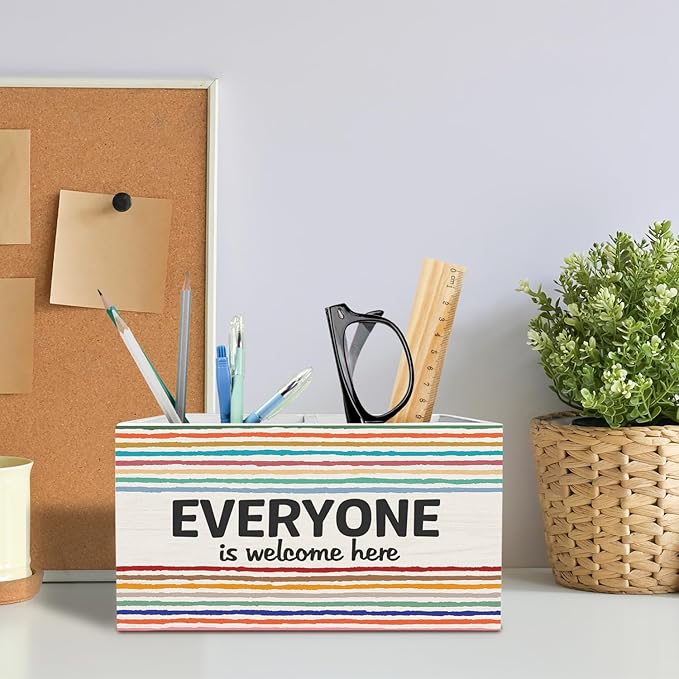 Boho Diversity Inclusion Classroom Decor Pen Pencil Holder for Desk, Everyone is Welcome Here Equality Wooden Box Sign Desk Decor for Classroom School Counselor Office Decoration