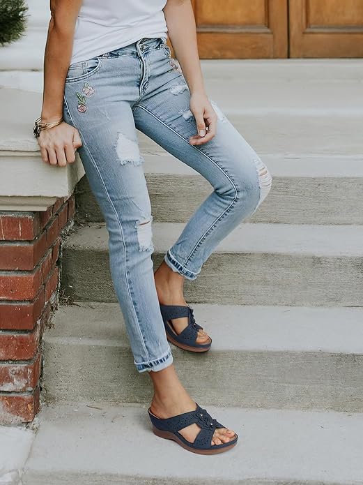 TEMOFON Womens Wedge Sandals Leather: Dressy Sandal, Rubber Sole, Comfortable Walking, Casual Slip on Summer Shoes, Size 5-11