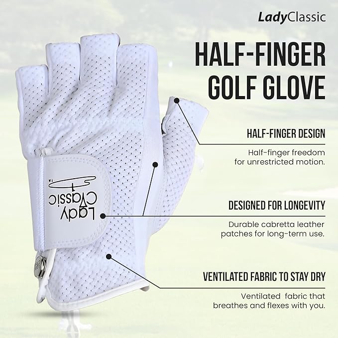 Mesh Half Golf Glove for Women – Premium Cabretta Leather Palm, Breathable Mesh Back, Half-Finger Design Ladies Golf Glove for Enhanced Grip & Comfort