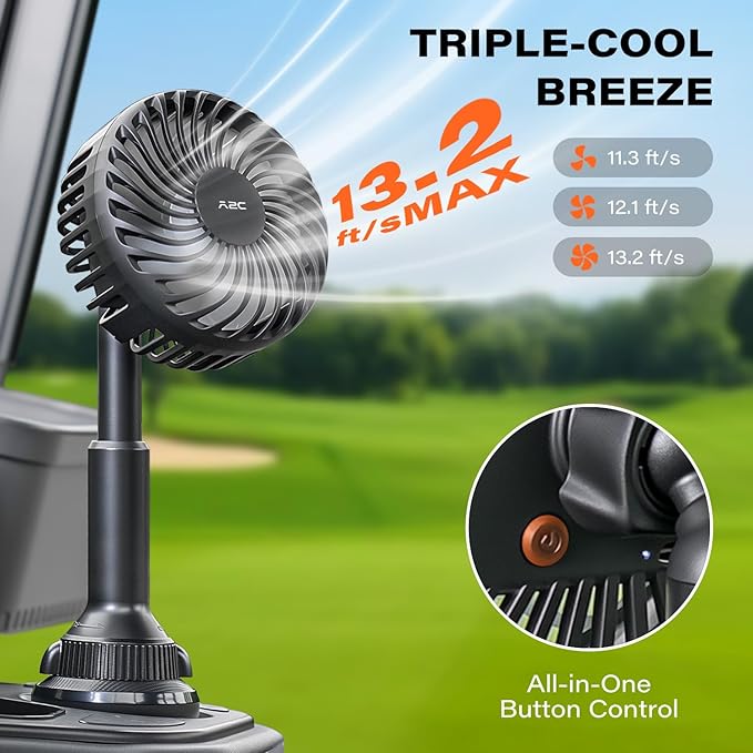 A2C Golf Cart Fan Rechargeable, Cup Holder Base Battery Operated Cooling Fan, 3 Speeds Powerful Airflow Compatible with EZGO, Club Car, Yamaha, 360° Rotatable Golf Cart Accessories