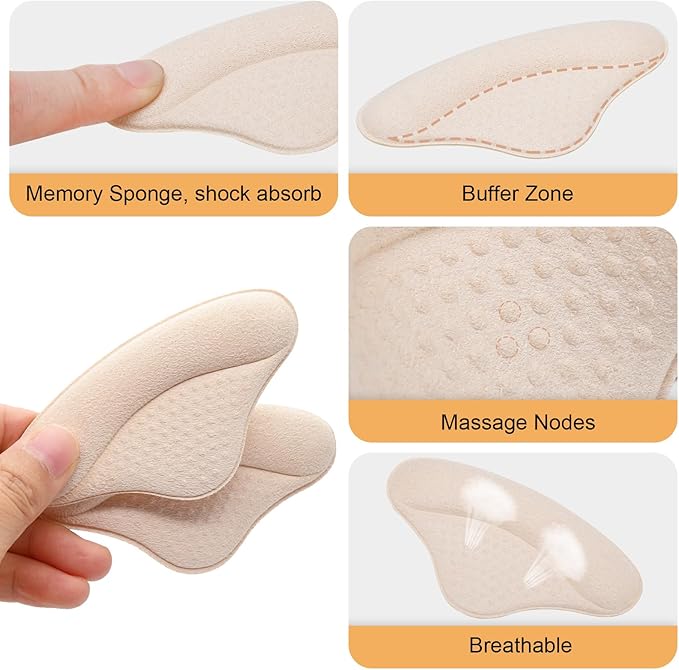 Heel Cushion Pads, 4 Pairs Shoe Inserts for Loose Shoes, Beige Heel Grips Liner for Men and Women