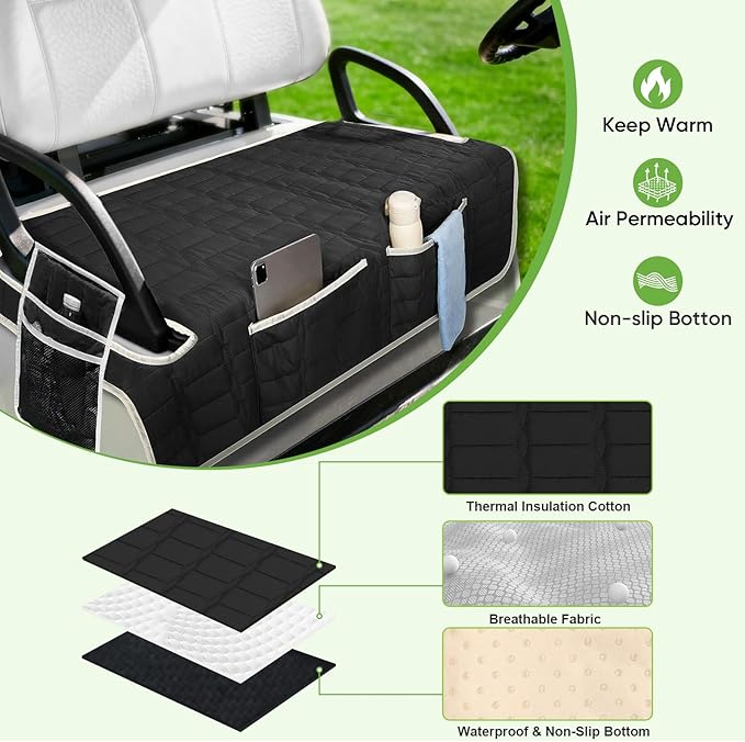 Golf Cart Seat Cover, Universal Bench Seat Cover with Storage Pockets, Non-Slip Seat Protector for Golf Cart, Fits EZGO Club Car Yamaha, Easy Install