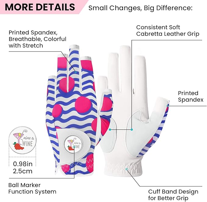 Ladies Golf Gloves Women Right Handed Golfer Left Hand Value 2 Pack with Ball Marker Leather All Weather Grip Breathable Soft Gift Set