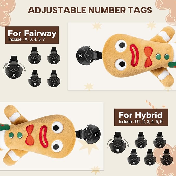 Golf Club Head Covers, Plush Gingerbread Man Golf Driver Covers Fairway Wood Hybrid Head Covers with Interchangeable Tags Advanced Embroidery 3 Wood Headcover Set