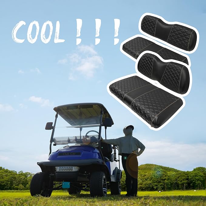Golf Cart Front and Rear Seat Covers Waterproof and Sun Resistant Marine Grade Vinyl Leather Seat Cover Accessories for Club Car Precedent 2004+, Black(4PCS)