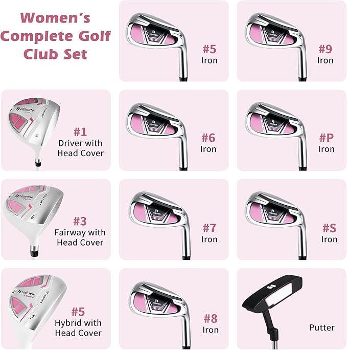 Tangkula 9/10/12 Pieces Women's Complete Golf Clubs Set, Golf Club Package Set with 460CC Driver, Fairway Wood & Hybrid, Irons, Putter, Portable Regular Golf Club Set