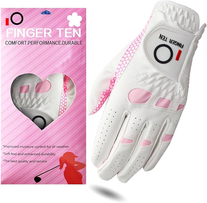 FINGER TEN Ladies Golf Gloves Left Right Hand 1 Pack, Golf Glove for Women's Golfer Lh Rh All Weather Grip, Size Fit Small Medium Large XL